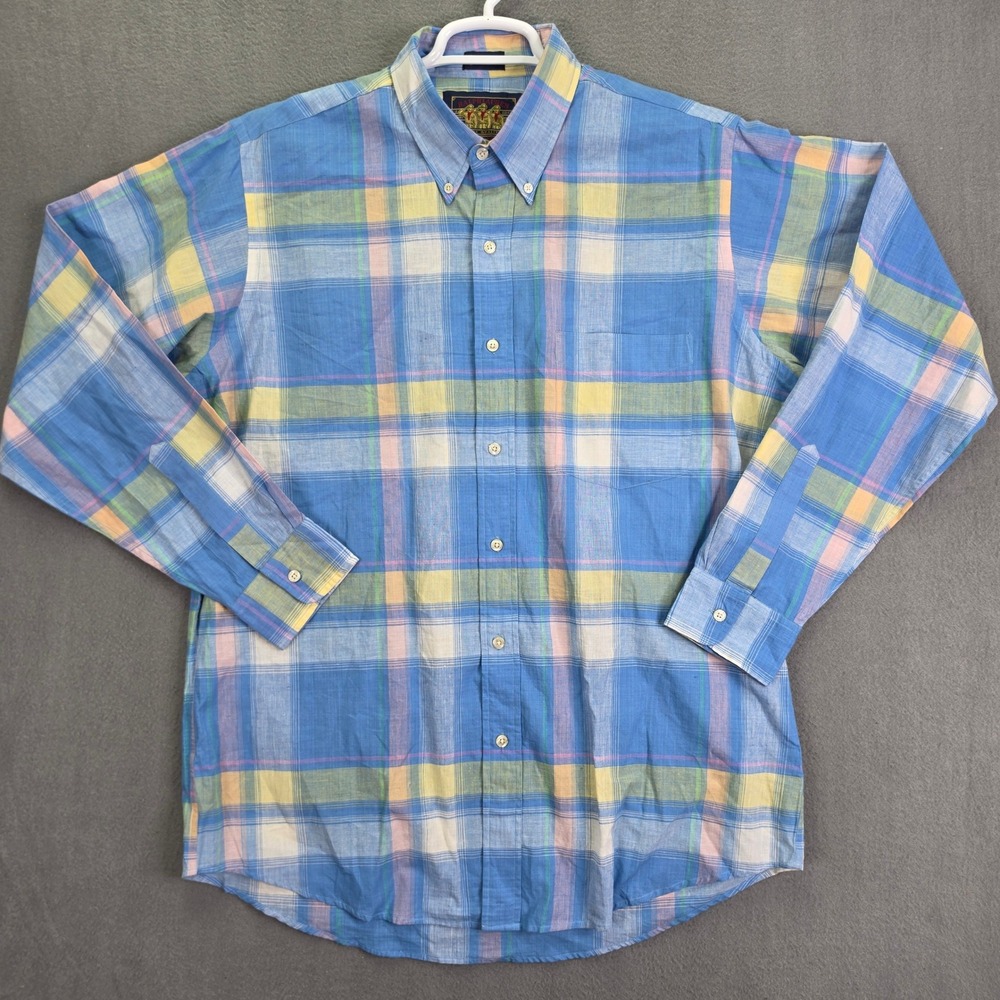 Ralph Lauren Chaps Shirt Button Down Plaid Blue Pastel Large Cotton Vintage 90s